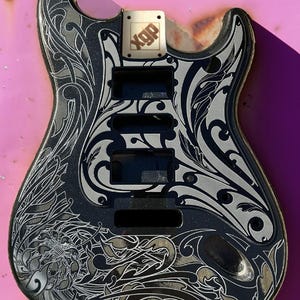 Laser Engraved Black Sparkle Stratocaster Style Guitar Body: Black Acrylic Pickguard & Tremolo, HSH/HSS/SSS Cut