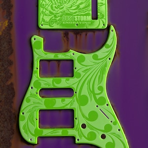 Engraved Stratocaster Pickguard & Tremolo Cover: Slimer Green Acrylic, HSH/HSS/SSS Cut