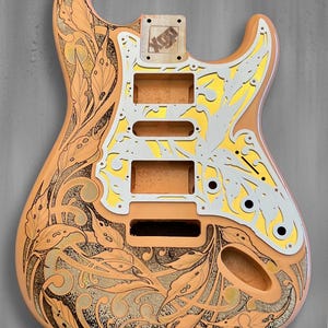 Shell Pink Stratocaster Style Guitar Body: Laser Engraved, Gold & White Layered Pickguard, HSH/HSS/SSS Cut