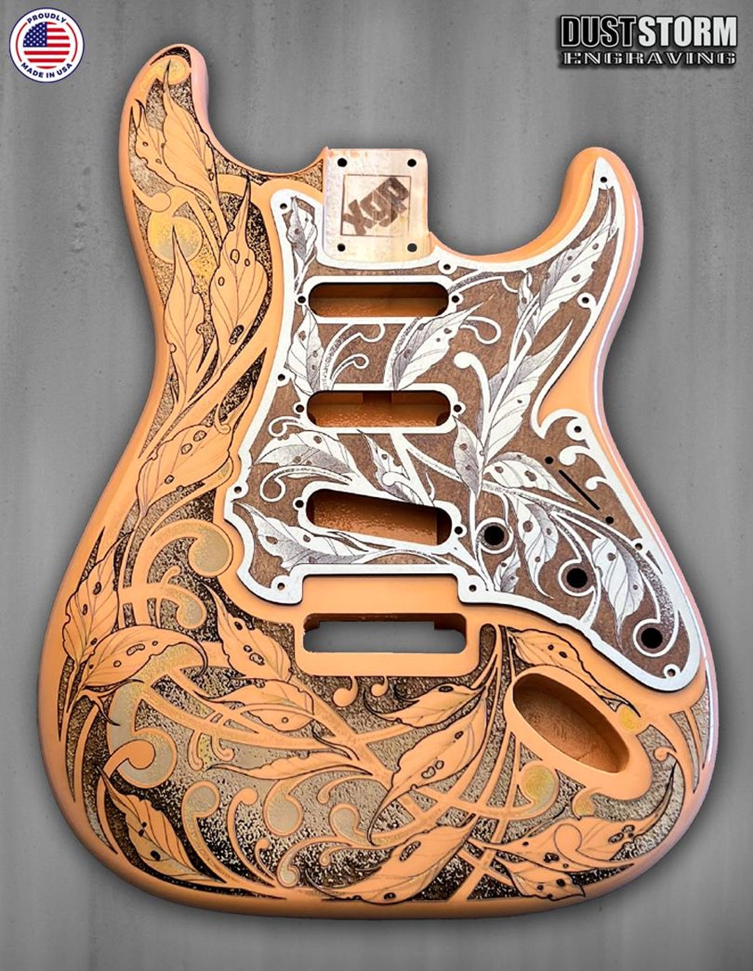 Engraved Strat Style Guitar Body: Shell Pink, Cherry Wood Veneer
