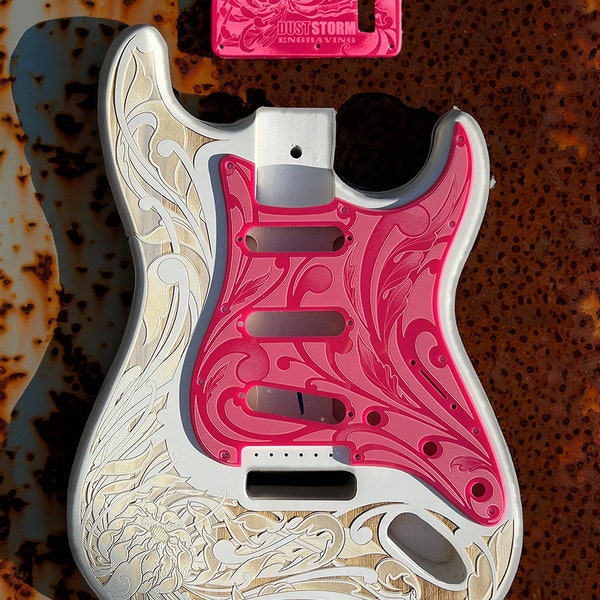 Custom Laser Engraved White Fender Strat Guitar Body with Glossy Hot Pink Acrylic Pickguard & Tremolo Cover HSH, HSS, SSS Setups Available