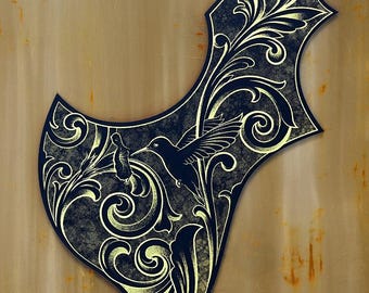 Gibson Hummingbird Style Acoustic Guitar Pickguard – Acrylic Mirror, Laser Engraved, Black with Gold