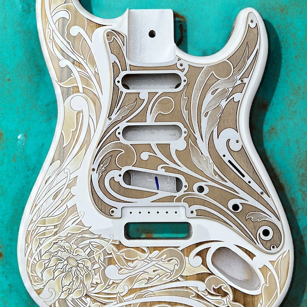 Custom Laser Engraved White Fender Strat Guitar Body with Wood Pickguard and Tremolo Cover SSS, HSS, HSH Setups Available