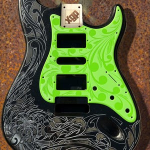 Black Sparkle Strat Style Guitar Body: Laser Engraved, Slimer Green Pickguard, HSH Routing