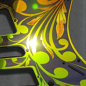 Laser Engraved Strat Guitar Body: Iridescent Gold Mirror Pickguard, HSH Routing image 4