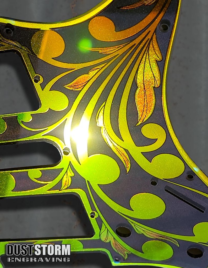 Laser Engraved Strat Guitar Body: Iridescent Gold Mirror Pickguard, HSH Routing image 4