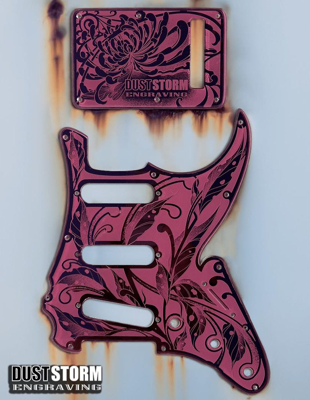 Engraved Stratocaster Pickguard With Free Tremolo Cover: Pink