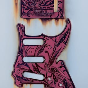 Engraved Pink Mirror Acrylic Pickguard & Free Tremolo Cover Design #3 for Fender Stratocaster HSH, HSS, SSS Setups Available