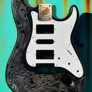 Laser Engraved Glossy Black Stratocaster Style Guitar Body: White Acrylic Pickguard & Tremolo, HSH/HSS/SSS Cut