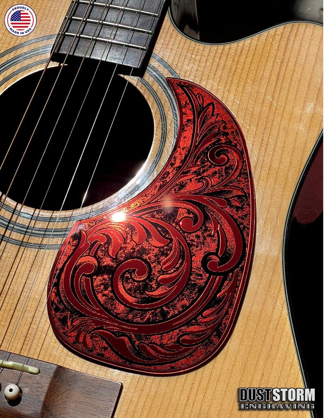 Acoustic Guitar Pickguard Laser Engraved Red Acrylic Mirror for