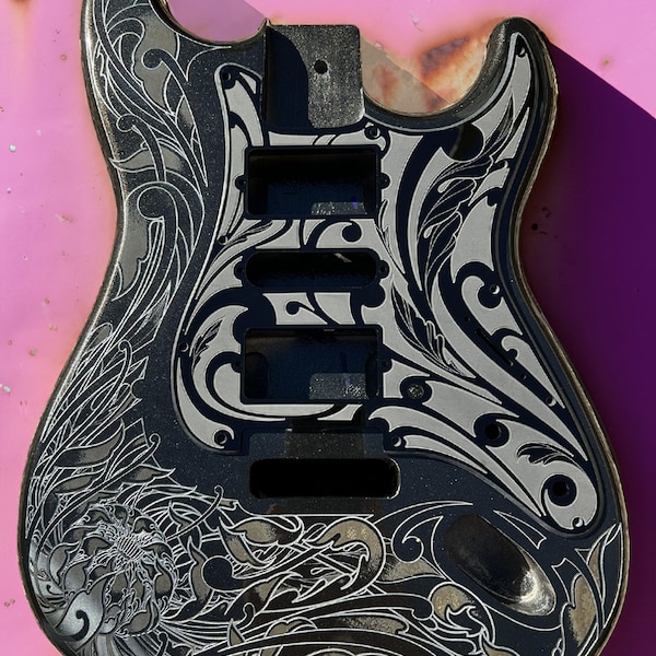 Custom Laser Engraved Black Fender Strat Guitar Body with Glossy Black Acrylic Pickguard and Tremolo Cover HSH, HSS, SSS Setups Available