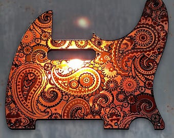 Paisley Telecaster Pickguard: Engraved Golden Copper Acrylic Mirror, 8 Hole, Standard/Humbucker Cut