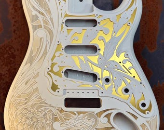 White Stratocaster Style Engraved Guitar Body: Gold & White Layered Pickguard, HSH/HSS/SSS Cut