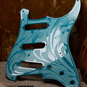 Engraved Teal Acrylic Pickguard & Tremolo Cover for Fender Stratocaster: HSH/HSS/SSS Cut
