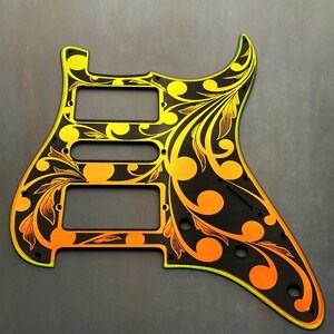 Laser Engraved Strat Guitar Body: Iridescent Gold Mirror Pickguard, HSH Routing image 7