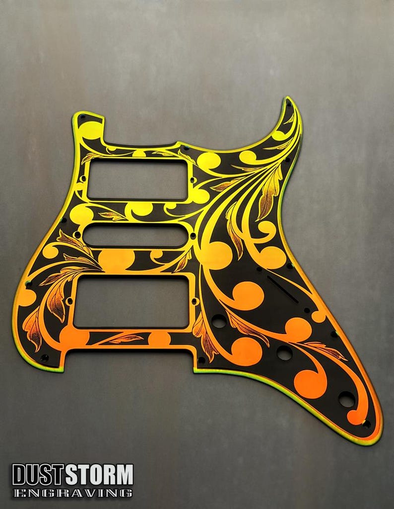 Laser Engraved Strat Guitar Body: Iridescent Gold Mirror Pickguard, HSH Routing image 7