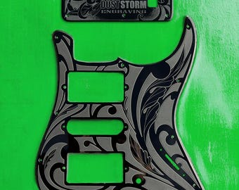 Engraved Stratocaster Pickguard & Tremolo Cover: Black Acrylic, HSH/HSS/SSS Cut