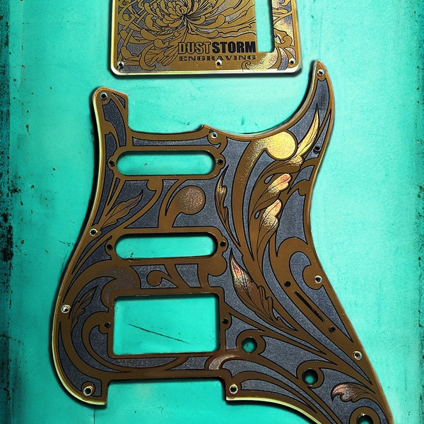 Engraved Iridescent Gold Mirror Acrylic Pickguard & Tremolo Cover for Fender Stratocaster HSS, HSH, SSS Setups Available