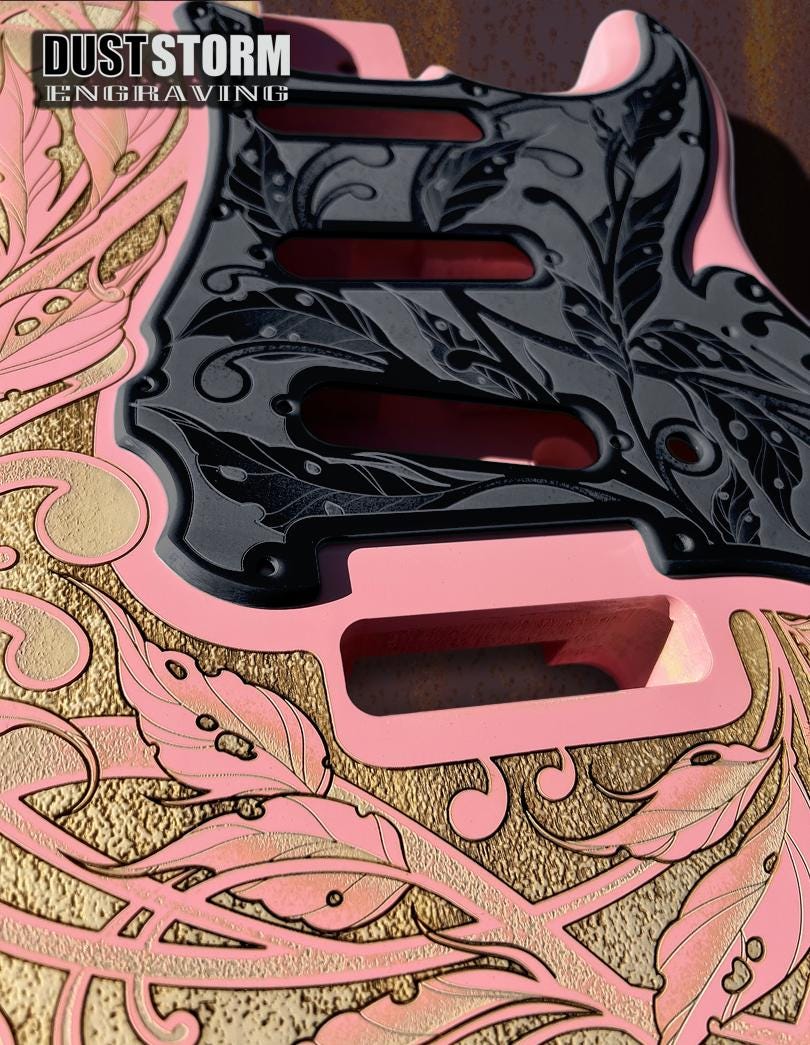 Laser Engraved Pink Strat Guitar Body: Floral HSH Routing, Black