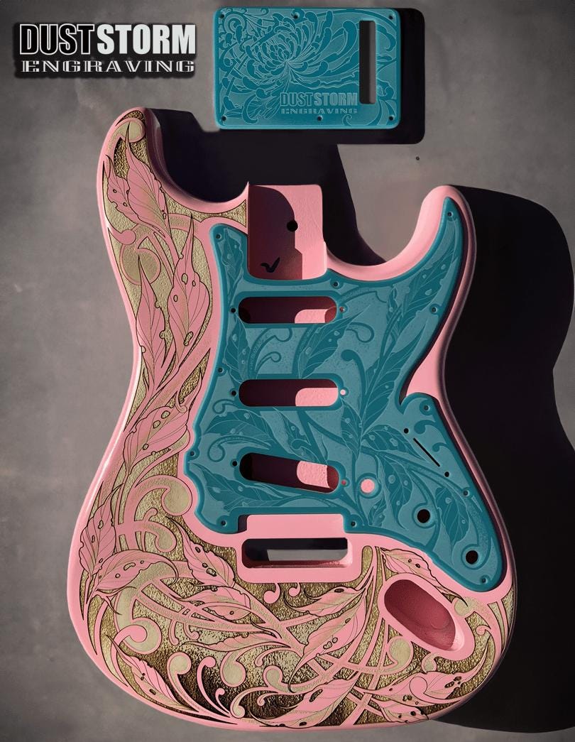 Laser Engraved Pink Strat Guitar Body: Teal Acrylic Pickguard