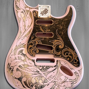 Laser Engraved Pink Strat Guitar Body: Copper Pickguard, Floral Scrollwork