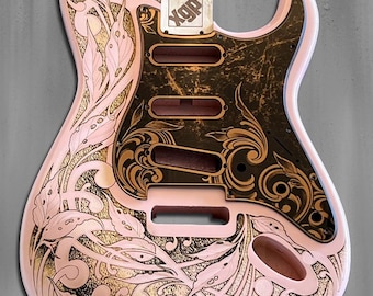 Laser Engraved Pink Strat Guitar Body: Copper Pickguard, Floral Scrollwork