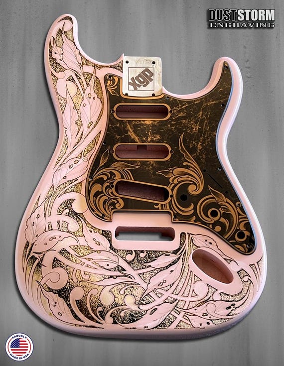 Laser Engraved Pink Strat Guitar Body: Copper Pickguard, Floral