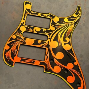 Laser Engraved Strat Guitar Body: Iridescent Gold Mirror Pickguard, HSH Routing image 2