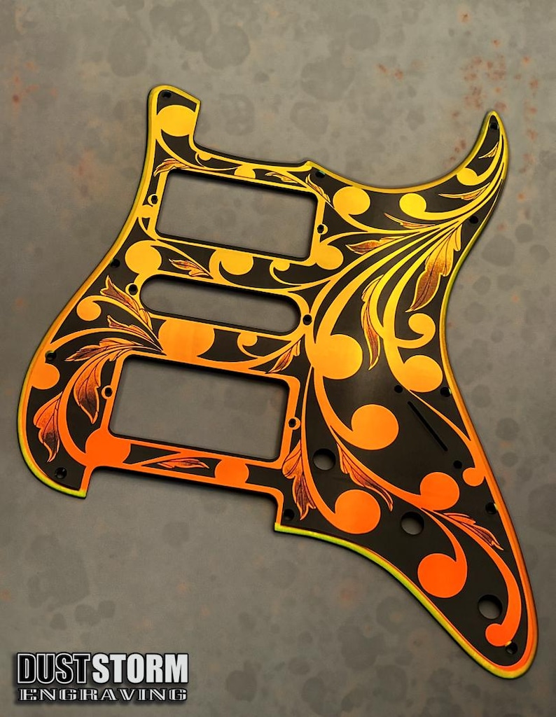 Laser Engraved Strat Guitar Body: Iridescent Gold Mirror Pickguard, HSH Routing image 2