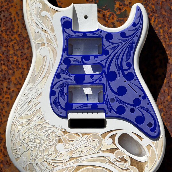 Custom Laser Engraved White Fender Strat Guitar Body with Glossy Blue Acrylic Pickguard and Tremolo Cover HSH, HSS, SSS Setups Available