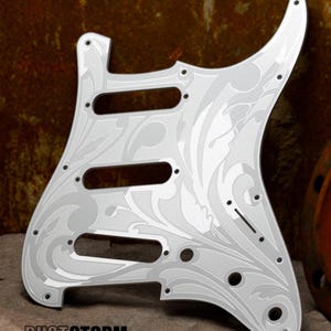 Engraved Pickguard & Free Tremolo Cover in White Acrylic Design #1 for Fender Stratocaster SSS, HSS, HSH Setups Available