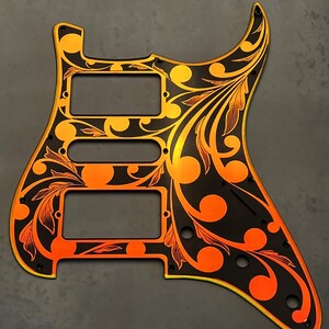 Laser Engraved Strat Guitar Body: Iridescent Gold Mirror Pickguard, HSH Routing image 6