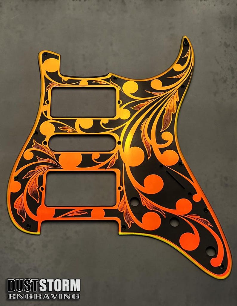 Laser Engraved Strat Guitar Body: Iridescent Gold Mirror Pickguard, HSH Routing image 6