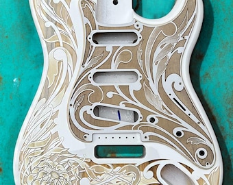 Laser Engraved White Stratocaster Guitar Body: Cherry Wood Veneer Pickguard & Tremolo, HSH/HSS/SSS Cut