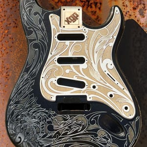 Laser Engraved Strat Style Guitar Body: Glossy Black Cherry Wood Veneer