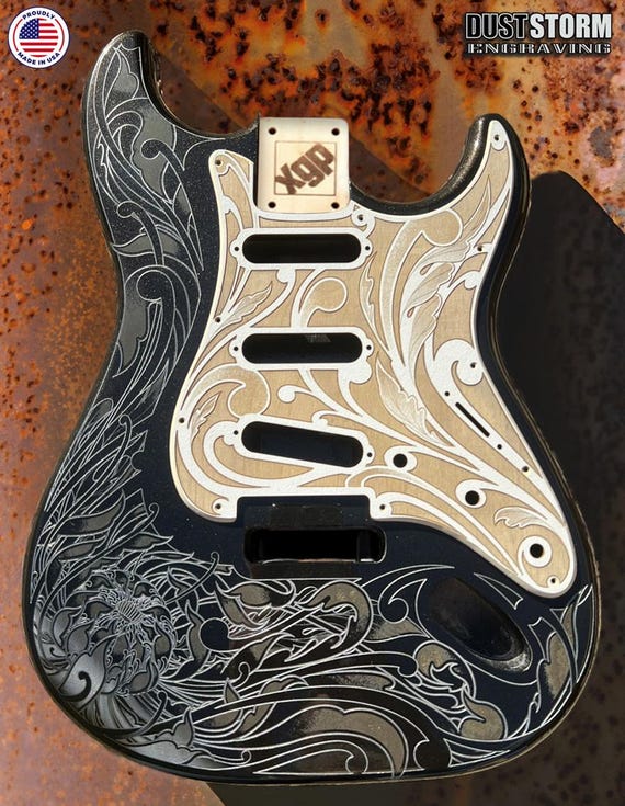 Laser Engraved Strat Style Guitar Body: Glossy Black Cherry Wood