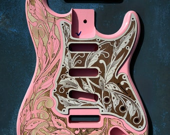Custom Laser Engraved Pink Fender Strat Guitar Body with White Cherry Wood Pickguard and Tremolo Cover HSH, HSS, SSS Setups Available