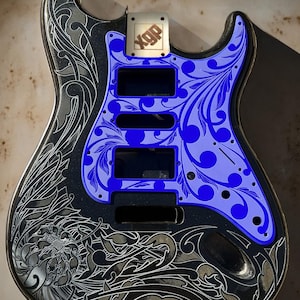 Black Sparkle Strat Style Guitar Body: Laser Engraved, Royal Blue Pickguard, HSH Routing