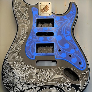 Engraved Stratocaster Guitar Body: Royal Blue Pickguard, HSH HSS SSS Cuts Available