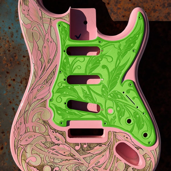 Custom Laser Engraved Pink Fender Strat Guitar Body with Slimer Green Glossy Acrylic Pickguard and Tremolo Cover HSH, HSS, SSS Setups