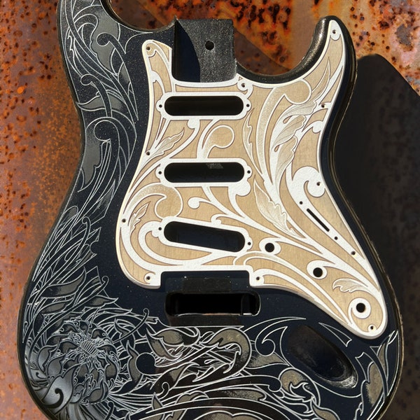 Custom Laser Engraved Black Fender Strat Guitar Body With Wood Pickguard  and  Tremolo Cover SSS, HSS, HSH Setups Available