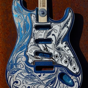 Custom Laser Engraved Blue Sparkle & White Fender Strat Guitar Body with White/Silver Mirror Pickguard and Tremolo Cover - 3 pickup patterns