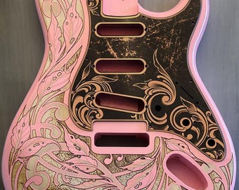 Pink Stratocaster Style Engraved Guitar Body: Copper Mirror Pickguard & Tremolo Cover, HSH/HSS/SSS Cut