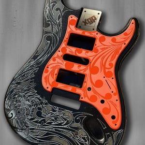 Black Sparkle Strat Style Guitar Body: Laser Engraved, Orange Acrylic Pickguard, HSH Routing