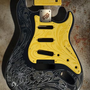 Black Sparkle Strat Style Guitar Body: Laser Engraved, Yellow Acrylic Pickguard, HSH Routing