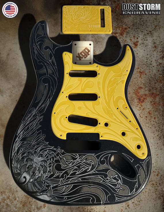 Black Sparkle Strat Style Guitar Body: Laser Engraved, Yellow