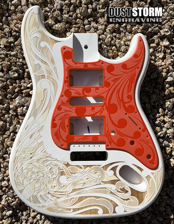 Laser Engraved Strat Guitar Body: White Floral Scrollwork, Orange