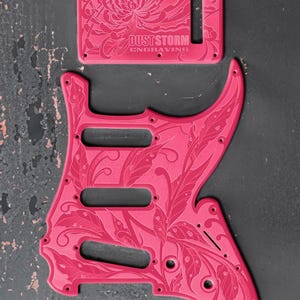 Engraved Pickguard & Free Tremolo Cover in Glossy Pink Acrylic Design #3 For Fender Stratocaster HSH, HSS, SSS Setups Available