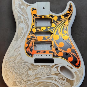 White Stratocaster Style Engraved Guitar Body: Iridescent Gold Acrylic Mirror Pickguard & Tremolo, HSH/HSS/SSS Cut
