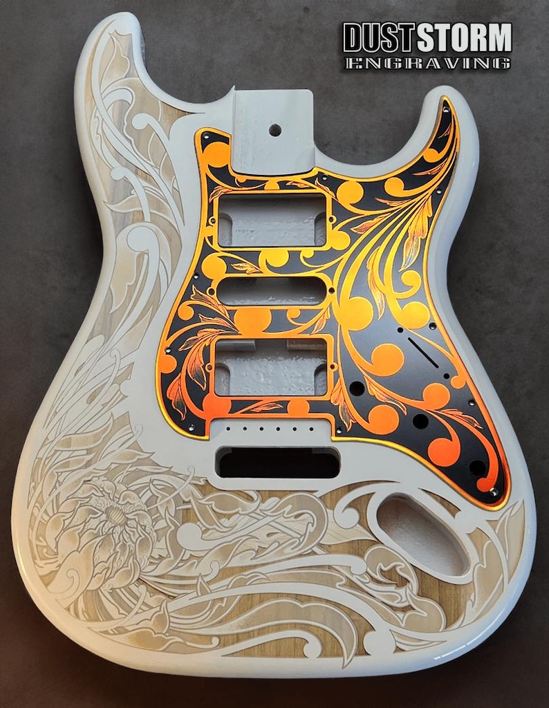 Laser Engraved Strat Guitar Body: Iridescent Gold Mirror Pickguard, HSH Routing image 1